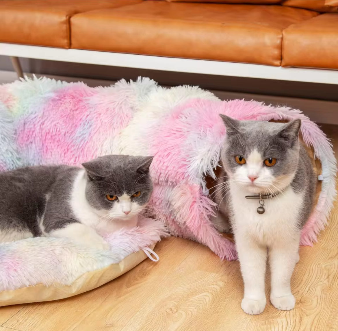 Multifunctional Plush Cat Bed with Tunnel and Peephole
