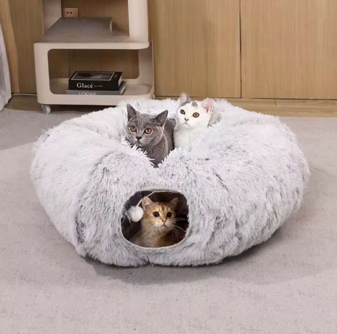 Multifunctional Plush Cat Bed with Tunnel and Peephole