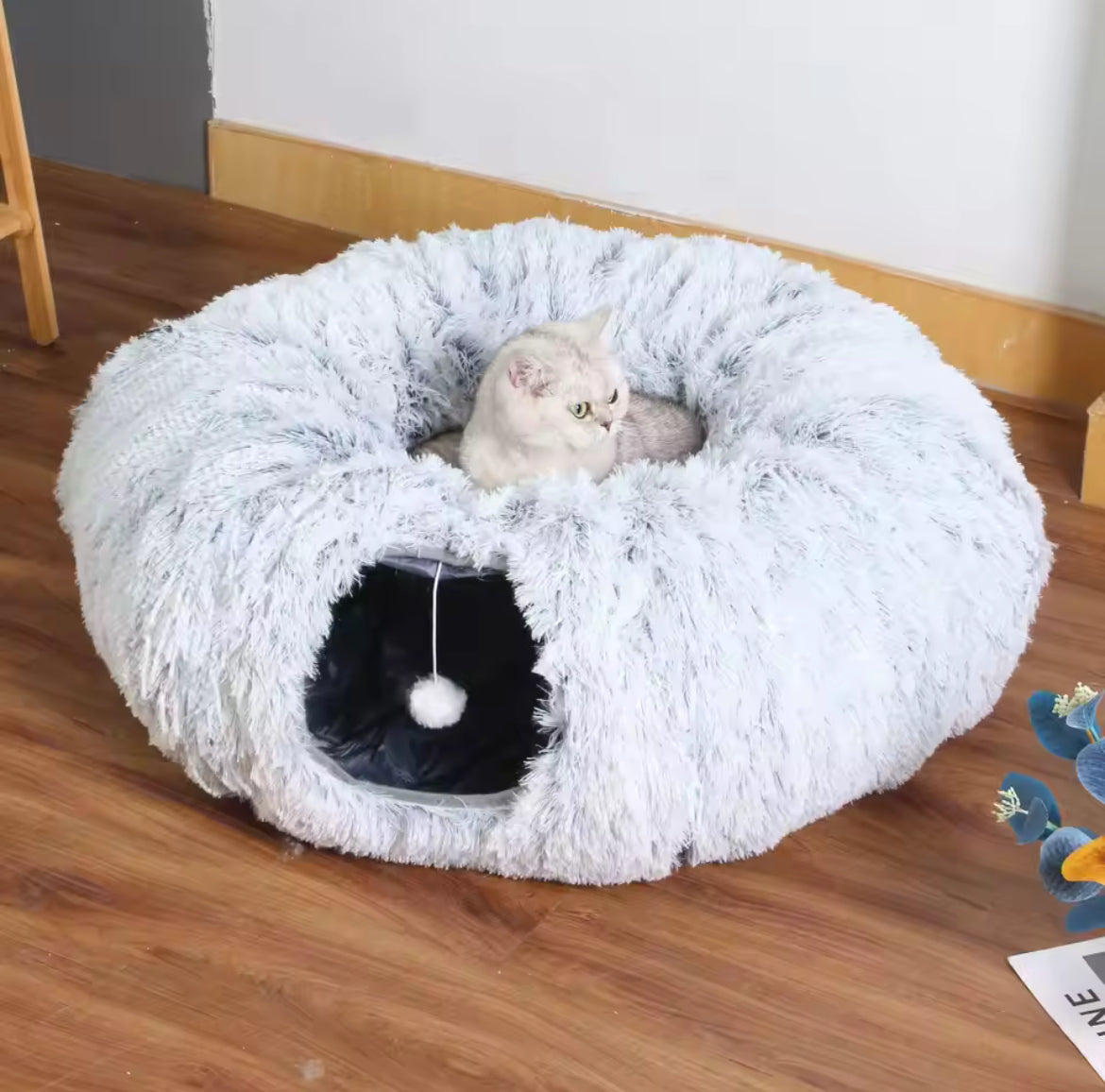 Multifunctional Plush Cat Bed with Tunnel and Peephole