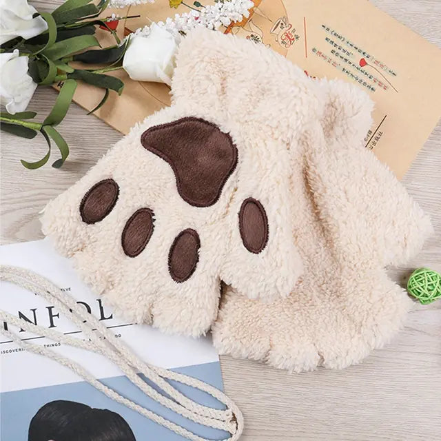 Winter Cute Cartoon Cat Girl Fluffy Bear Paw Gloves