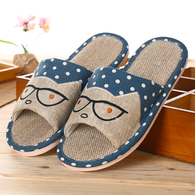 Seasonal Bow Linen Slippers with Cat Design (Indoor Use)
