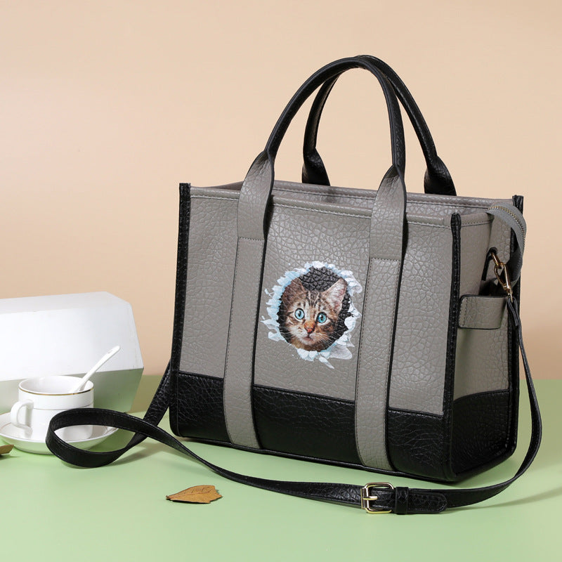 Retro Large Capacity PU Cat Head Shoulder Tote Bag