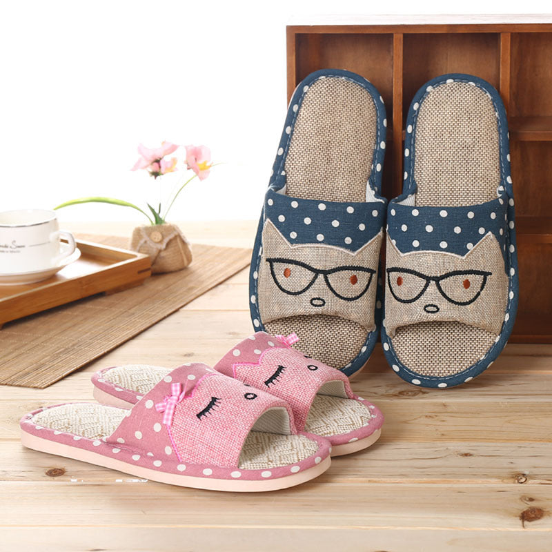 Seasonal Bow Linen Slippers with Cat Design (Indoor Use)