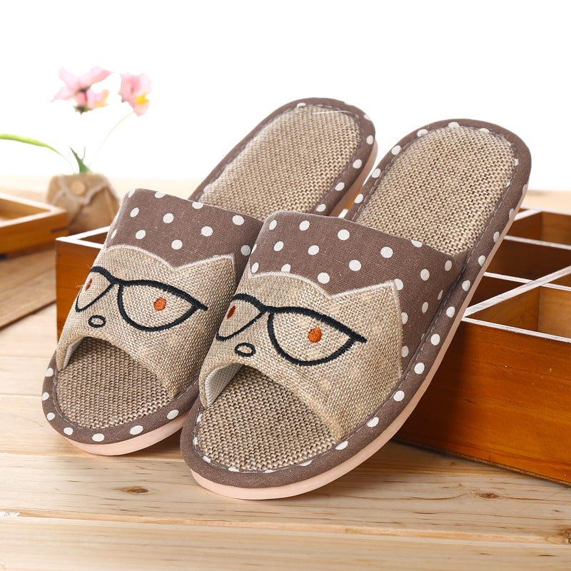 Seasonal Bow Linen Slippers with Cat Design (Indoor Use)