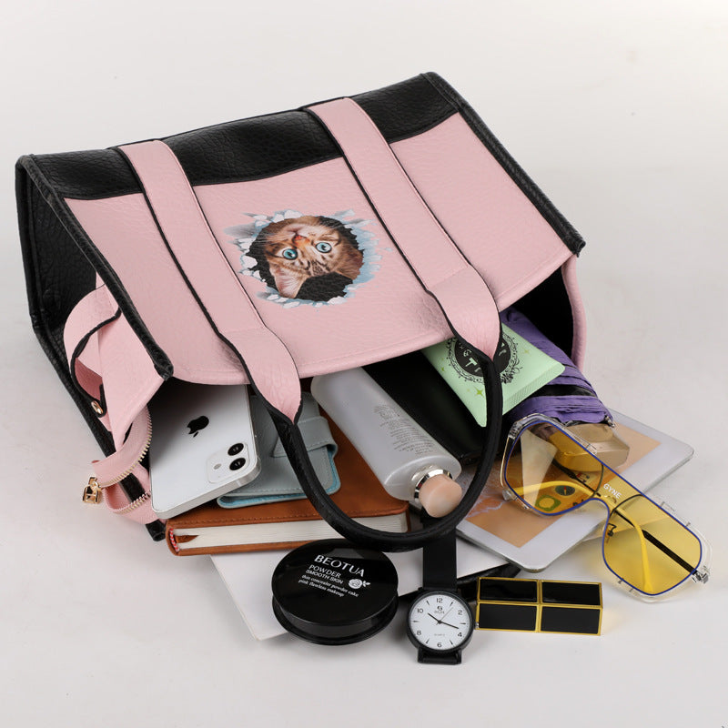 Retro Large Capacity PU Cat Head Shoulder Tote Bag