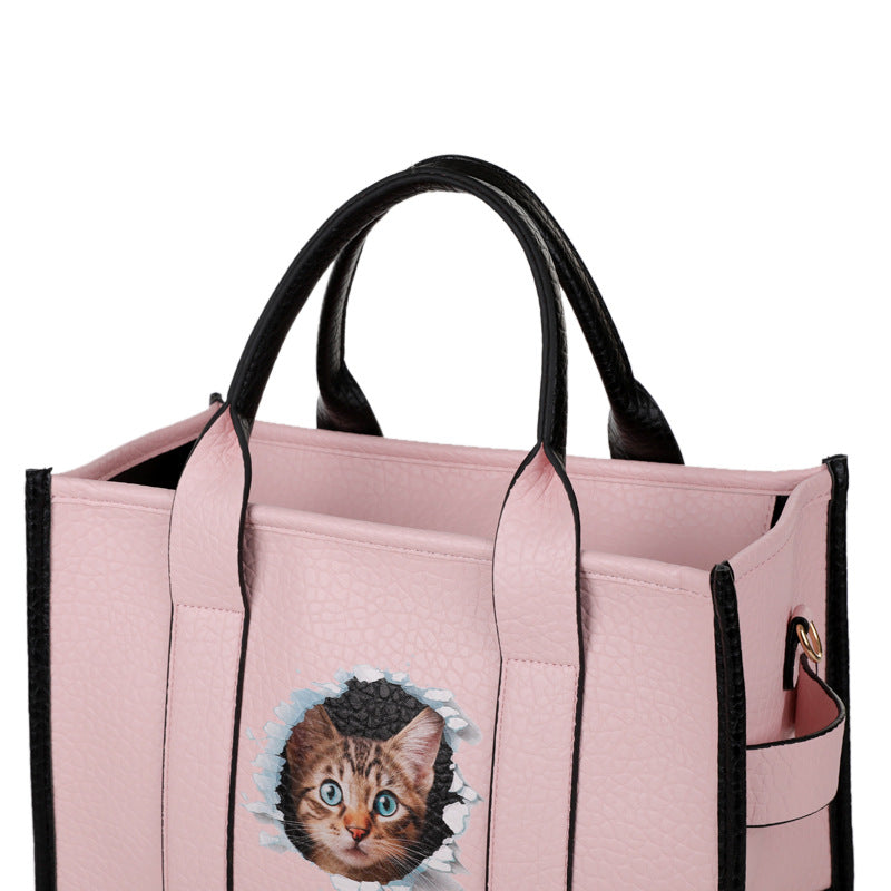 Retro Large Capacity PU Cat Head Shoulder Tote Bag