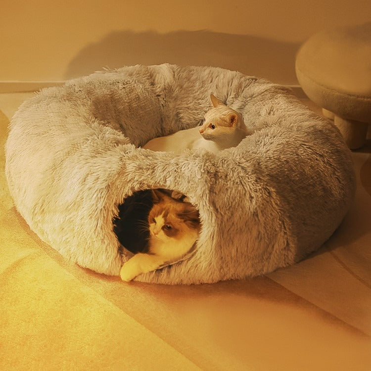 Plush Donut Cat Tunnel Bed – All-Season Cozy Hideaway