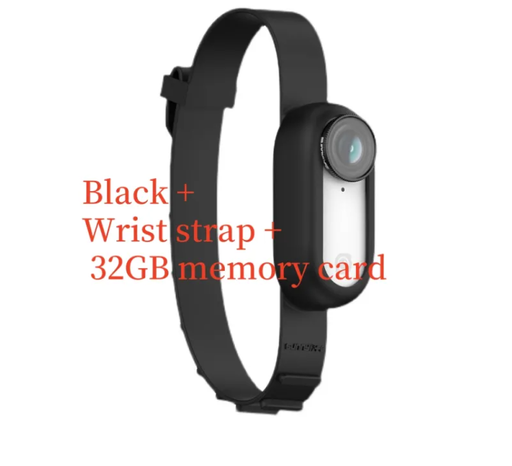 Black wrist strap with a camera and text indicating additional accessories on a white background