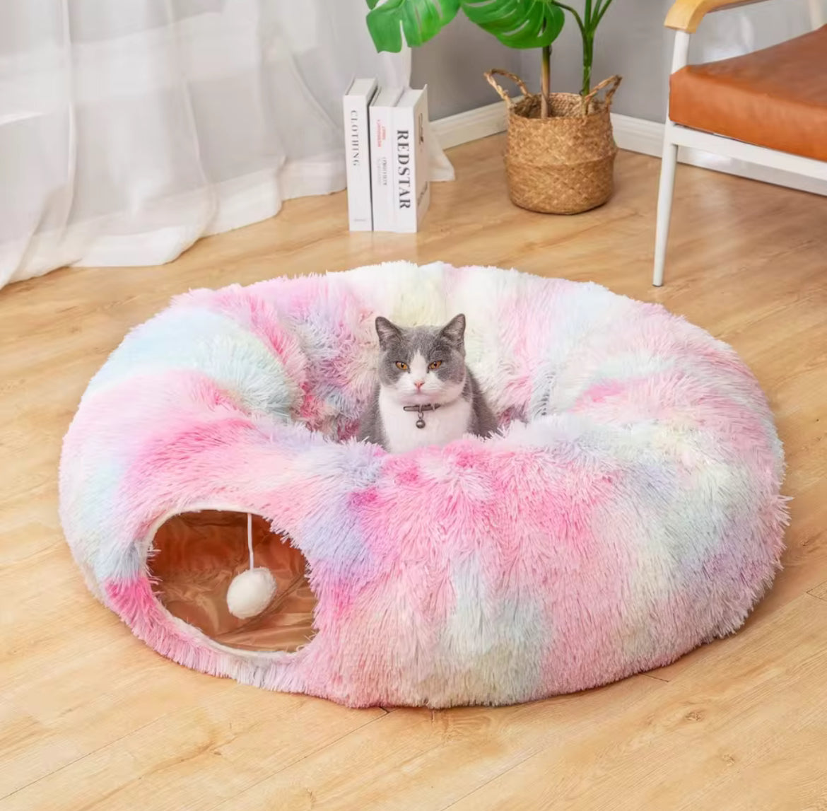 Multifunctional Plush Cat Bed with Tunnel and Peephole