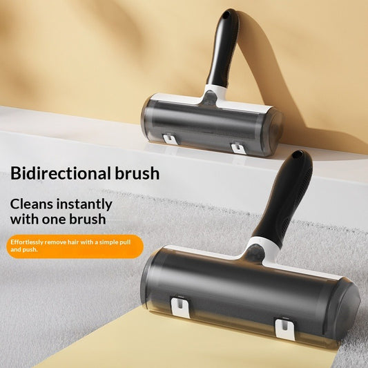 Pet grooming brush with self-cleaning roller