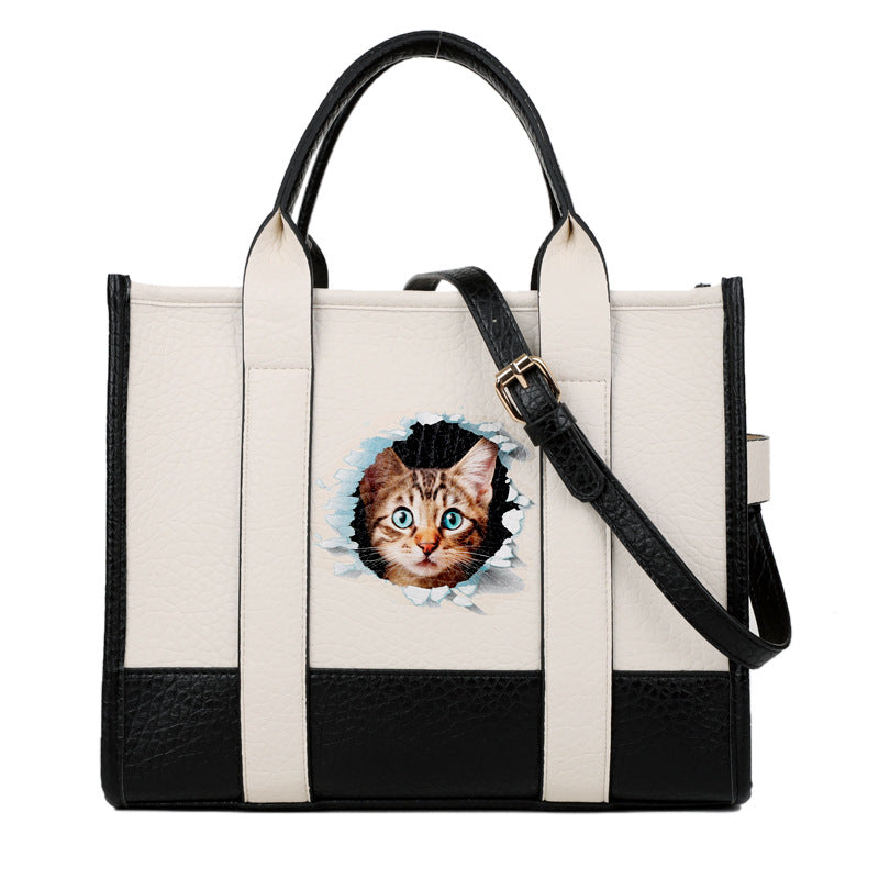 Retro Large Capacity PU Cat Head Shoulder Tote Bag