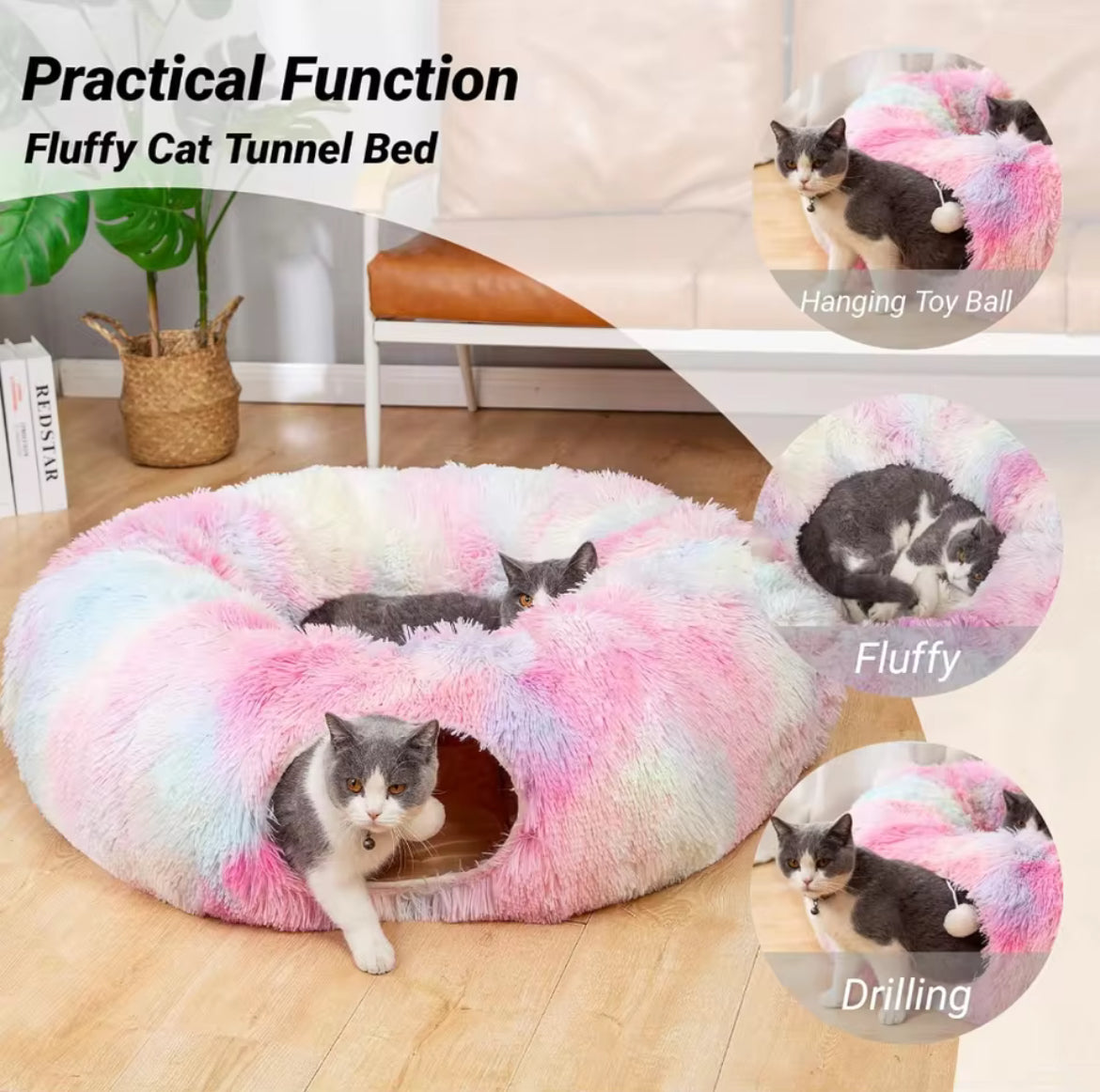 Multifunctional Plush Cat Bed with Tunnel and Peephole