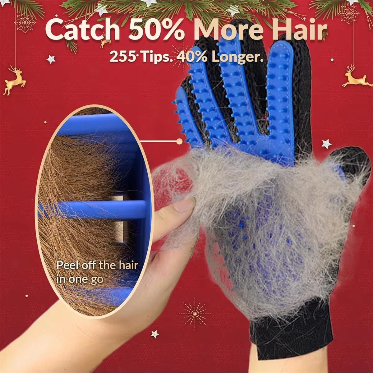 Collage of pet grooming gloves gently brushing a golden retriever, with blue and black gloves shown below