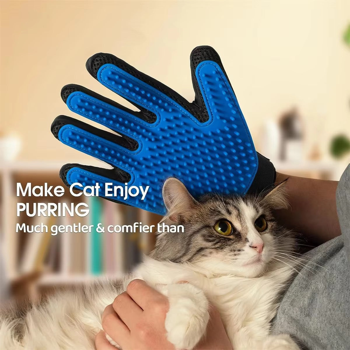 Woman holding a fluffy cat while using a blue cat grooming glove for gentle brushing