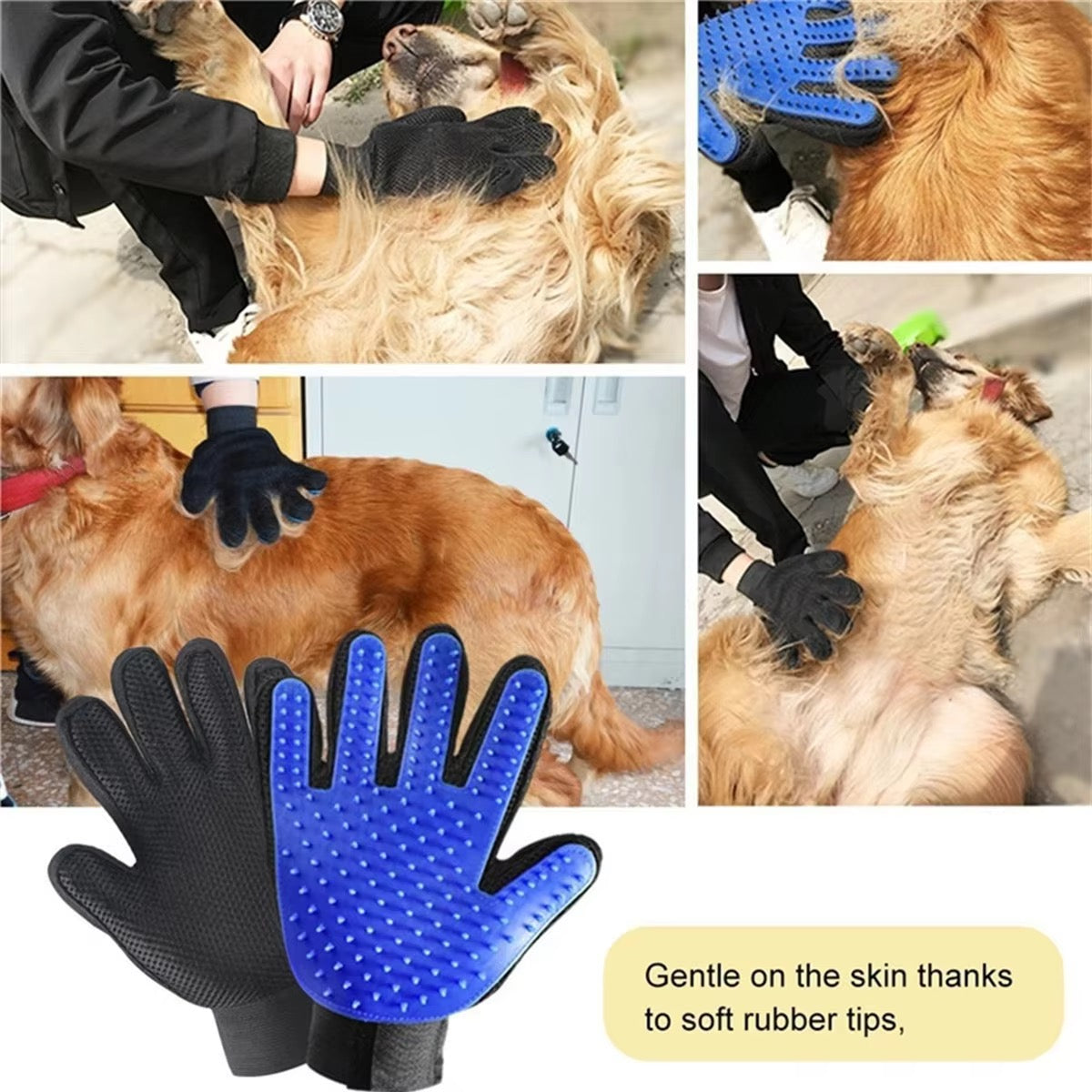 Blue pet grooming glove with soft rubber tips for dogs and cats, with a beagle and a white cat