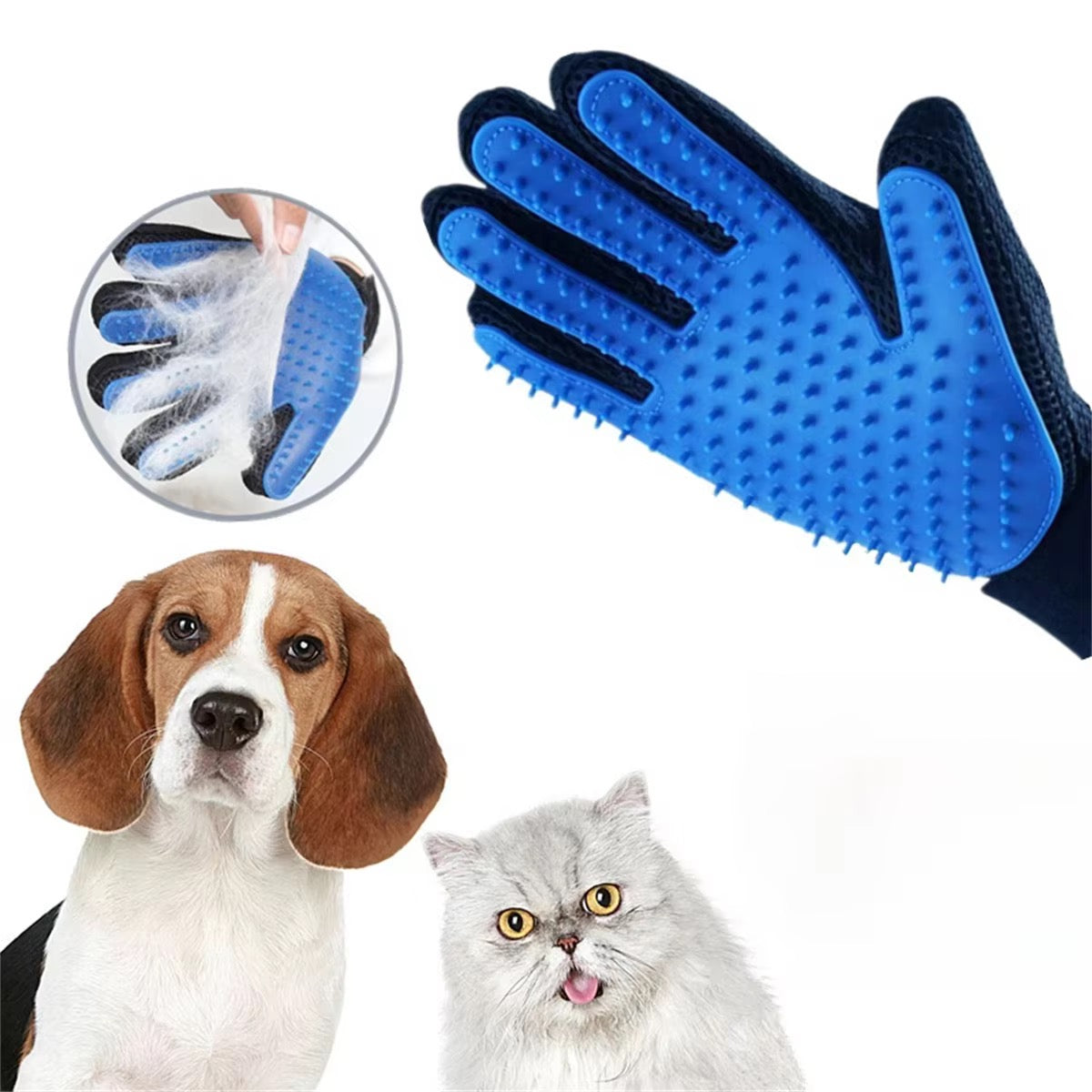 Blue and black left hand cat grooming glove with adjustable wrist strap