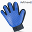 Blue and black left hand cat grooming glove with adjustable wrist strap
