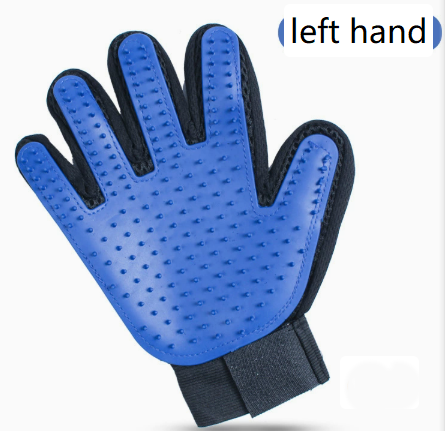 Blue and black left hand cat grooming glove with adjustable wrist strap