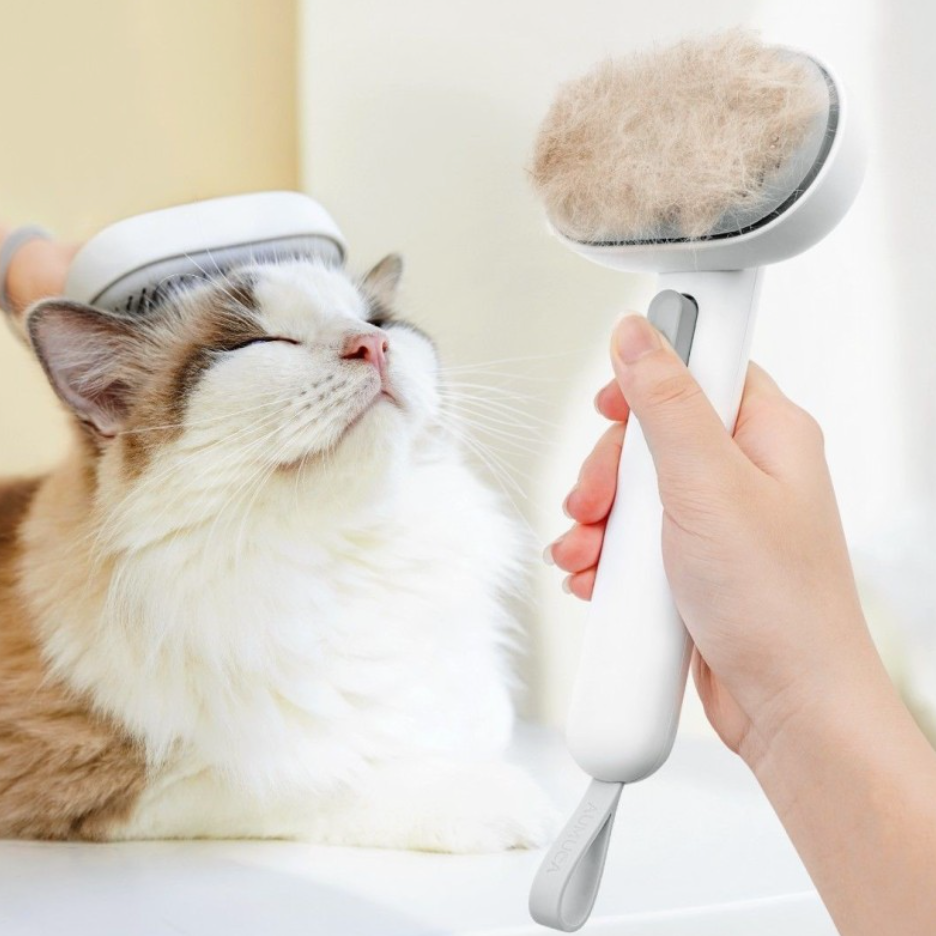 Person using a pet grooming brush on a cat