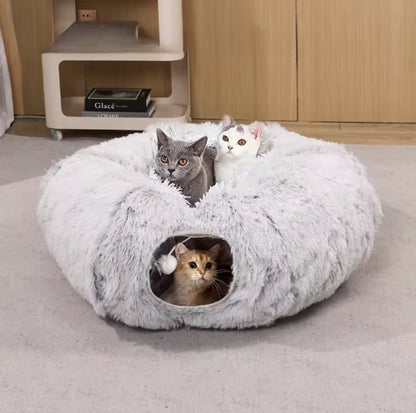 Multifunctional Plush Cat Bed with Tunnel and Peephole