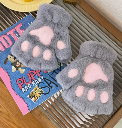 Winter Cute Cartoon Cat Girl Fluffy Bear Paw Gloves