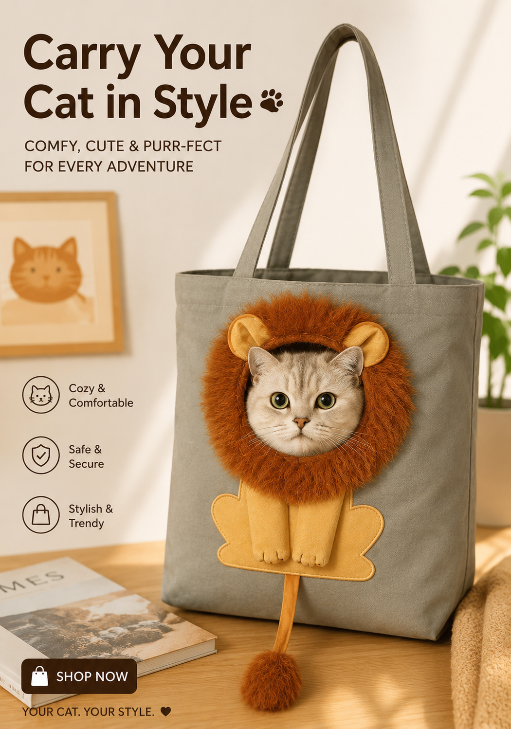 Lion design portable cat and dog carrier bag - main view