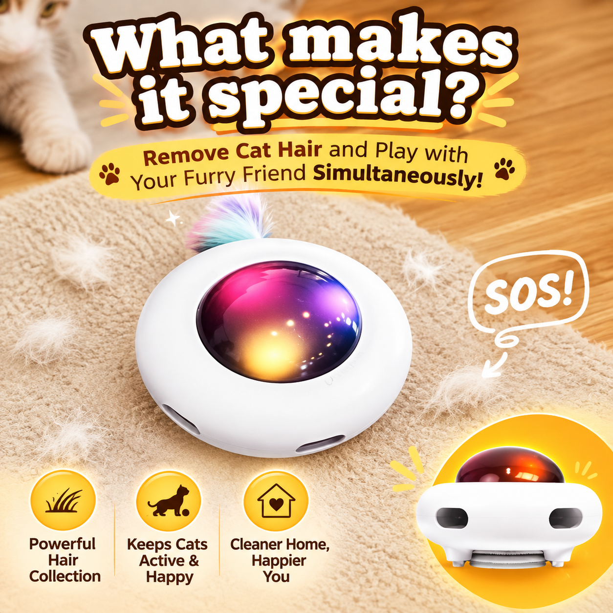 Interactive Automatic Feather Cat Toy with Hair Remover and LED Lights