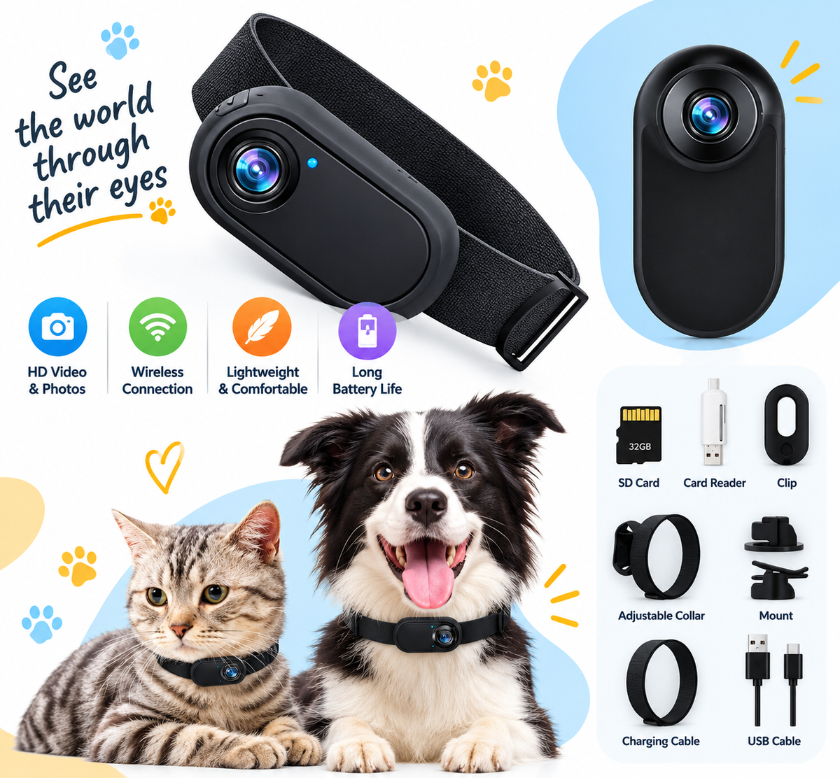 A pet camera and collar set shown on a white background with a cat and dog wearing the collar. The main product is a black wearable pet camera with a strap, shown in multiple views plus accessories including an SD card, card reader, clip, adjustable collar, mount, and USB cable.