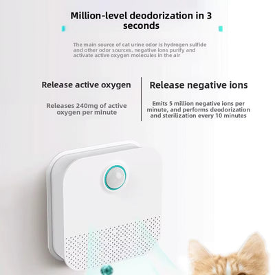A white square pet odor remover device with a circular button and perforated lower section, shown on a light background with marketing text about active oxygen and negative ions, plus part of a cat at the bottom right.
