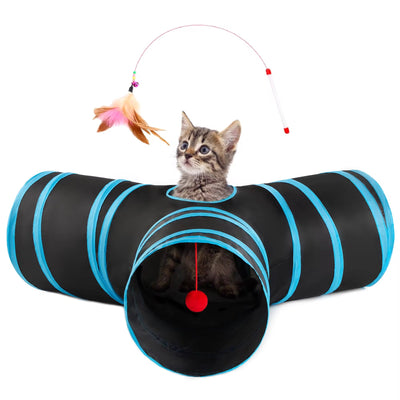 Cat playing with a tunnel toy with feathers and a red ball on a white background