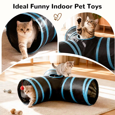 Cat playing with a black and blue pet tunnel toy on a wooden floor.