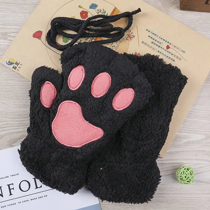 Winter Cute Cartoon Cat Girl Fluffy Bear Paw Gloves