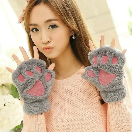 Winter Cute Cartoon Cat Girl Fluffy Bear Paw Gloves