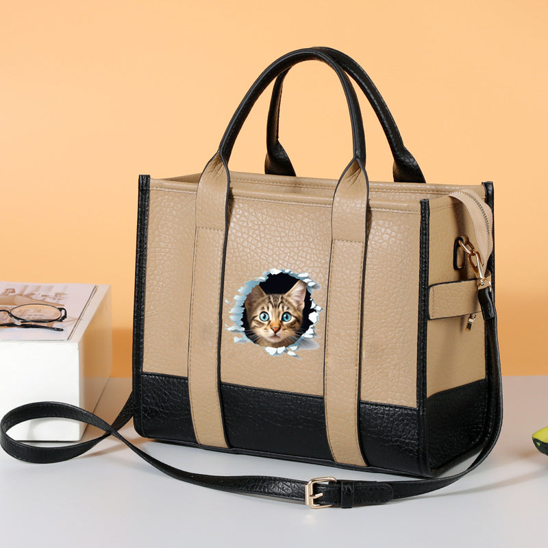 Retro Large Capacity PU Cat Head Shoulder Tote Bag