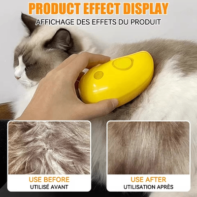 Yellow handheld grooming brush being used on a Ragdoll cat, with close-ups showing tangled fur before use and smooth fur after use.