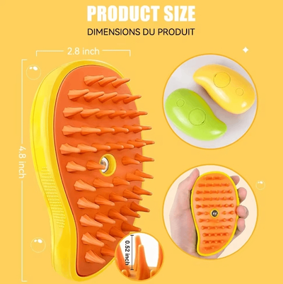 Yellow and orange cat grooming brush with soft silicone bristles, size diagram showing 4.8 inch length, 2.8 inch width and 0.52 inch bristle height, plus yellow and green color options and the brush held in a hand.