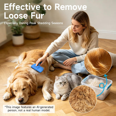 Pet owner grooming cat with slicker brush