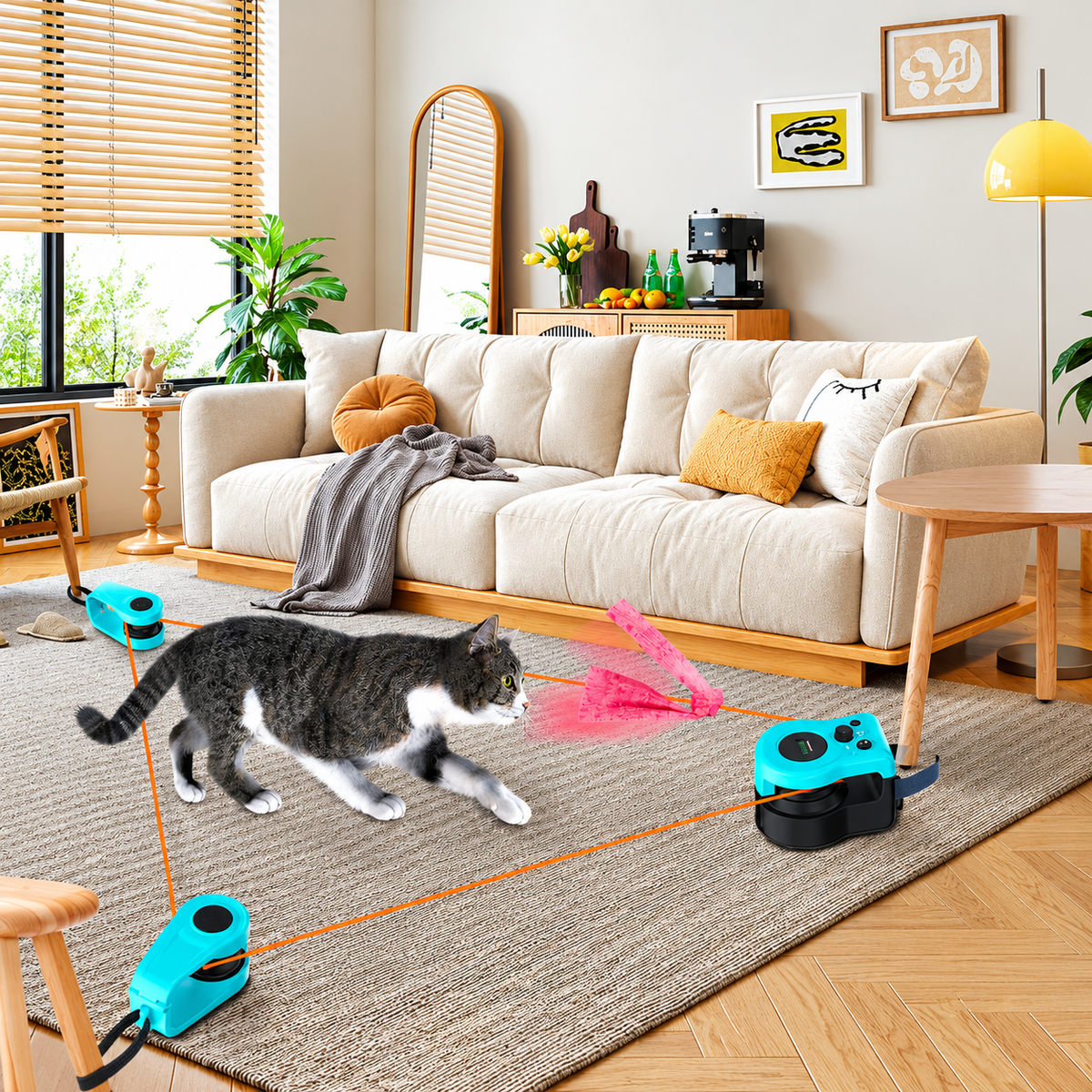 Cat Interactive Weight Loss Toy with three blue motorized units and a feather lure circling a gray and white cat on a living room rug