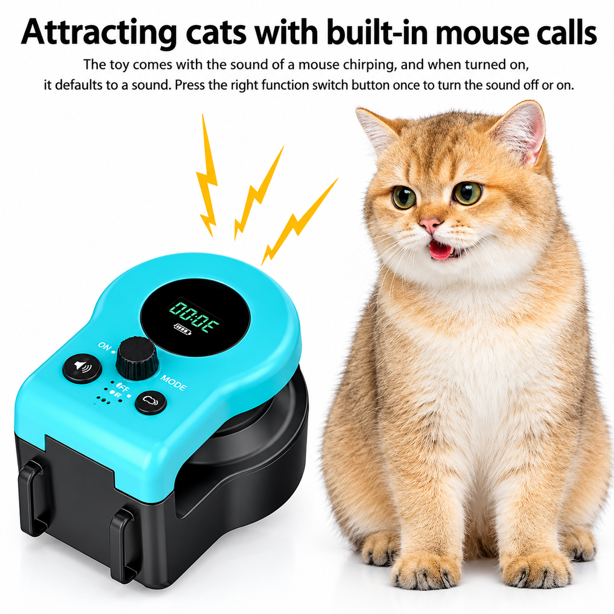 Cat Interactive Weight Loss Toy with built-in mouse chirping sound and LCD display, beside an orange kitten
