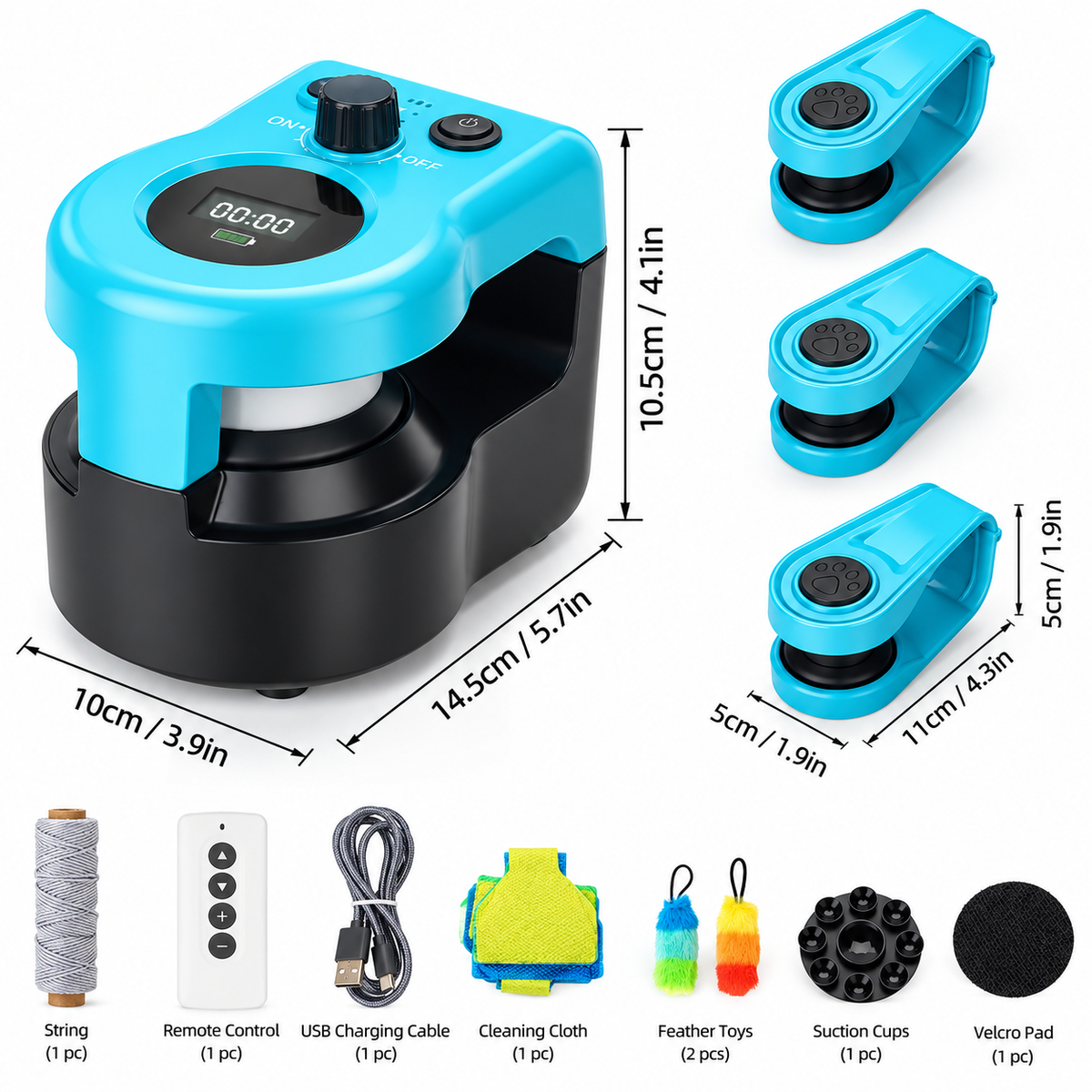 Cat Interactive Weight Loss Toy size guide with remote control, USB cable, feather toys, suction cups and velcro pad