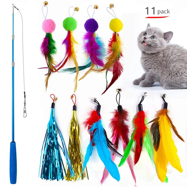 Retractable cat feather toy wand set