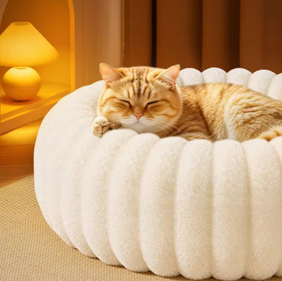 An orange tabby cat sleeping comfortably inside a round, plush cream-colored pet bed with a ribbed texture, set in a warmly lit room next to a glowing lamp.