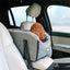 Pet car seat cover in a car with a small dog inside, beach visible through window