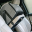 Gray pet carrier attached to a car seat with a visible brand logo.