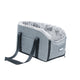 Gray pet carrier with fluffy interior on a white background