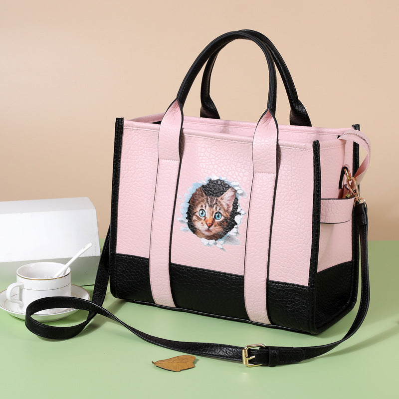 Retro Large Capacity PU Cat Head Shoulder Tote Bag
