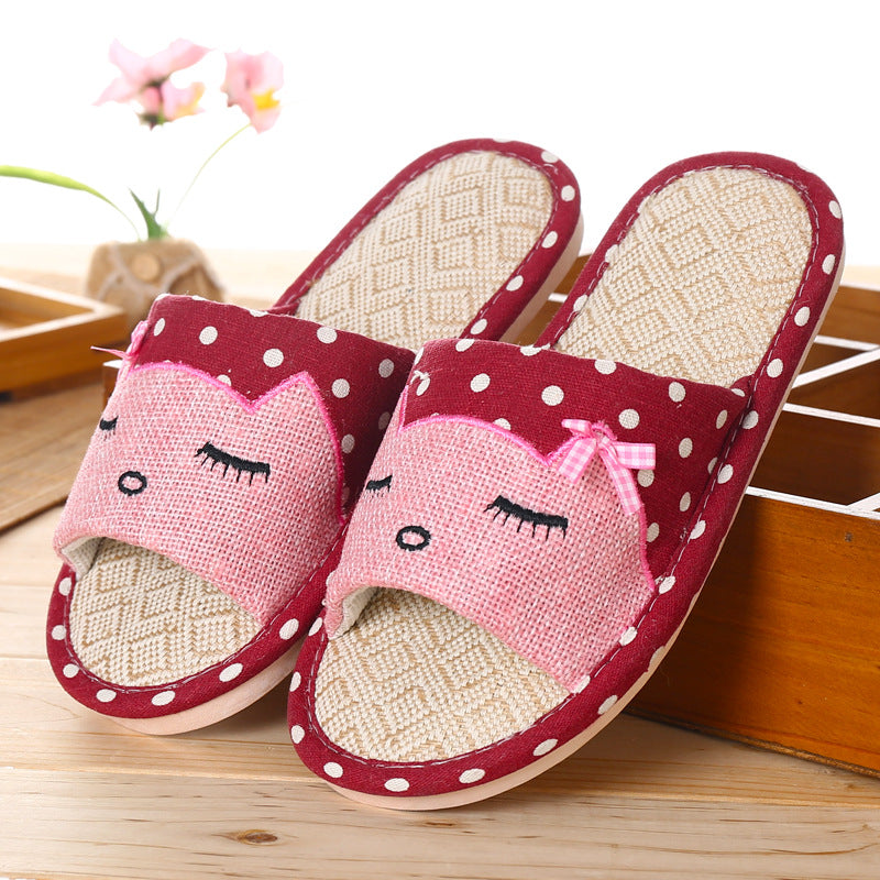 Seasonal Bow Linen Slippers with Cat Design (Indoor Use)