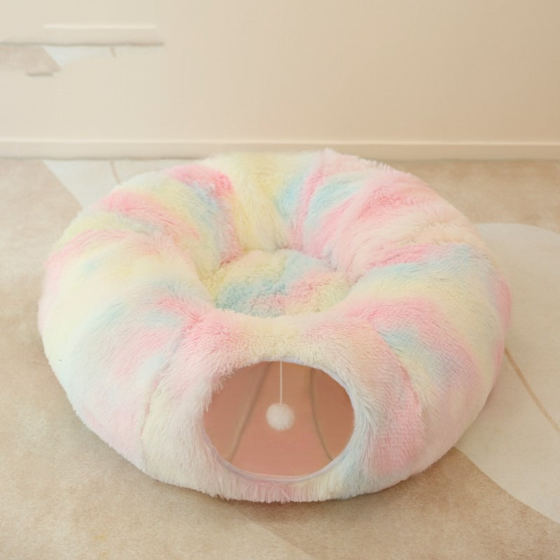 Plush Donut Cat Tunnel Bed – All-Season Cozy Hideaway