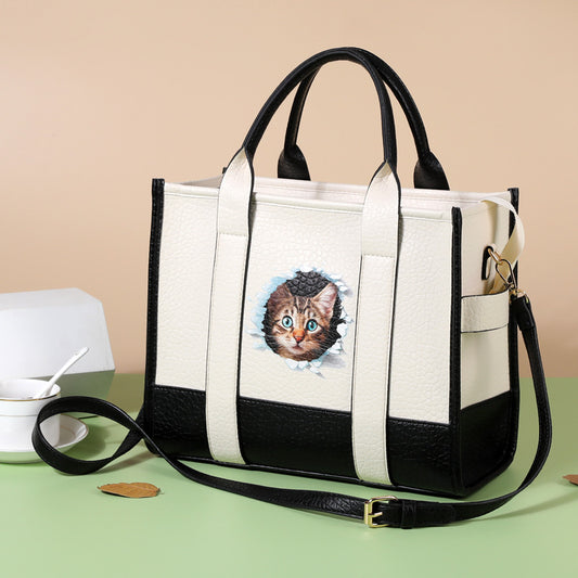 Retro Large Capacity PU Cat Head Shoulder Tote Bag