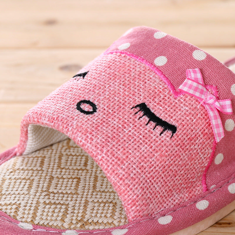 Seasonal Bow Linen Slippers with Cat Design (Indoor Use)